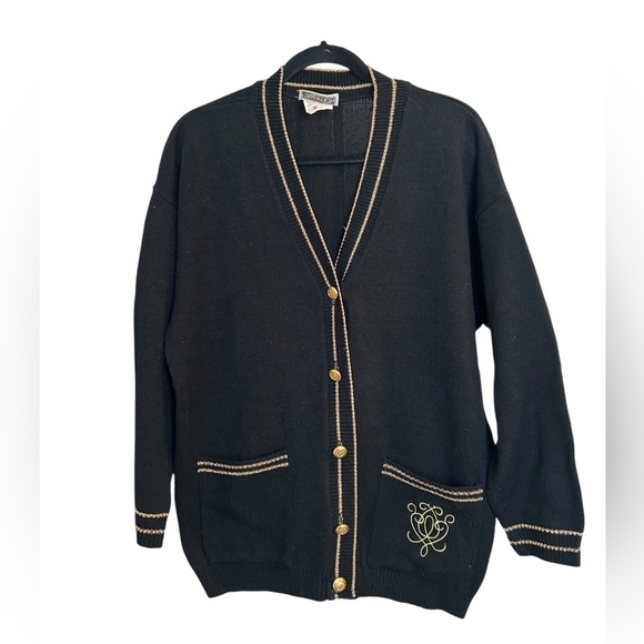 Sears Sweaters - Vintage Sears V-Neck Cardigan with Gold Buttons and Metallic Trim